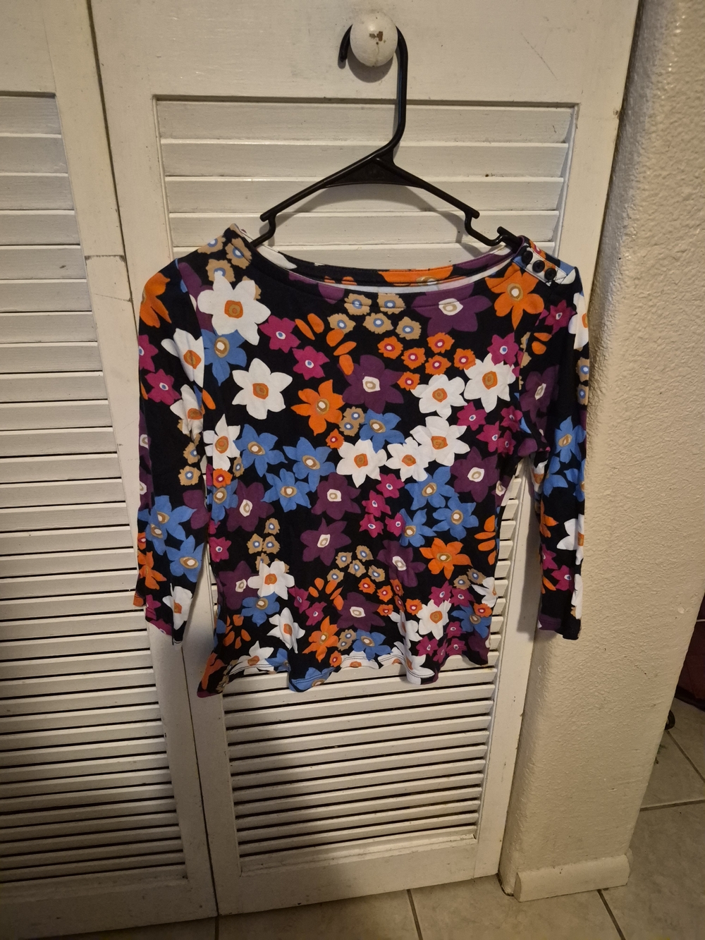 Charter Club Black Floral Boatneck Long Sleeve Top